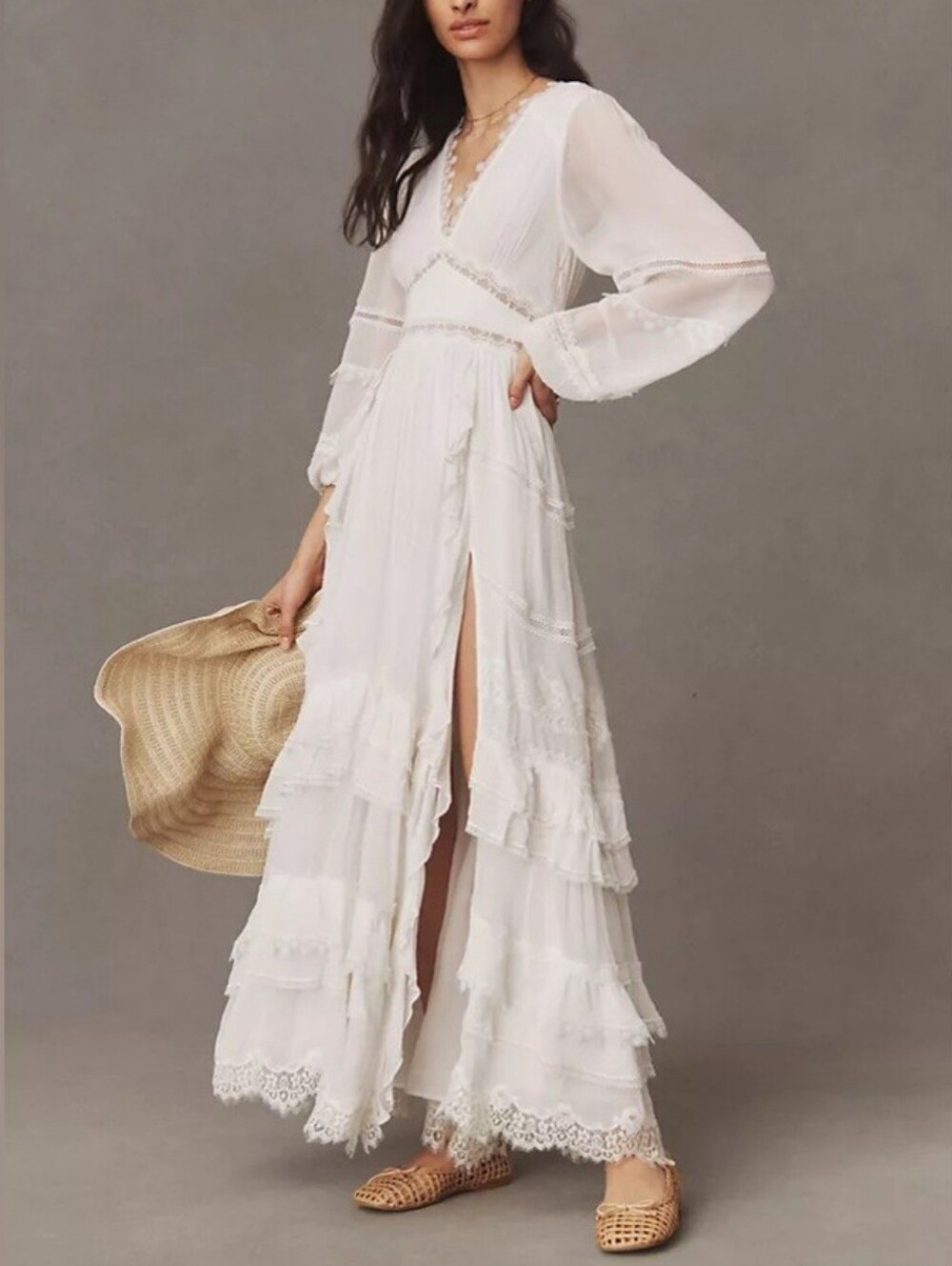 Rococo Sand Mia Long-Sleeve Ruffled Maxi Dress White Lace V-Neck Boho Resort XS